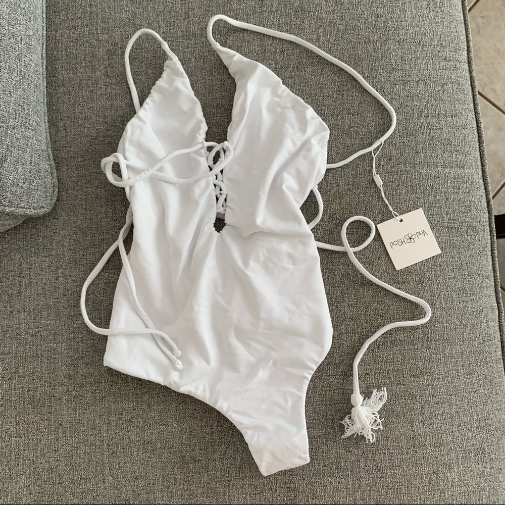 Posh Pua Hawaii Maile White One Piece Swimsuit Lace Tie Up